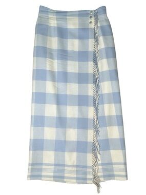 Vintage Lauren Ralph Lauren Women’s 10 Blue & Ivory Gingham Wool Wrap Midi Skirt